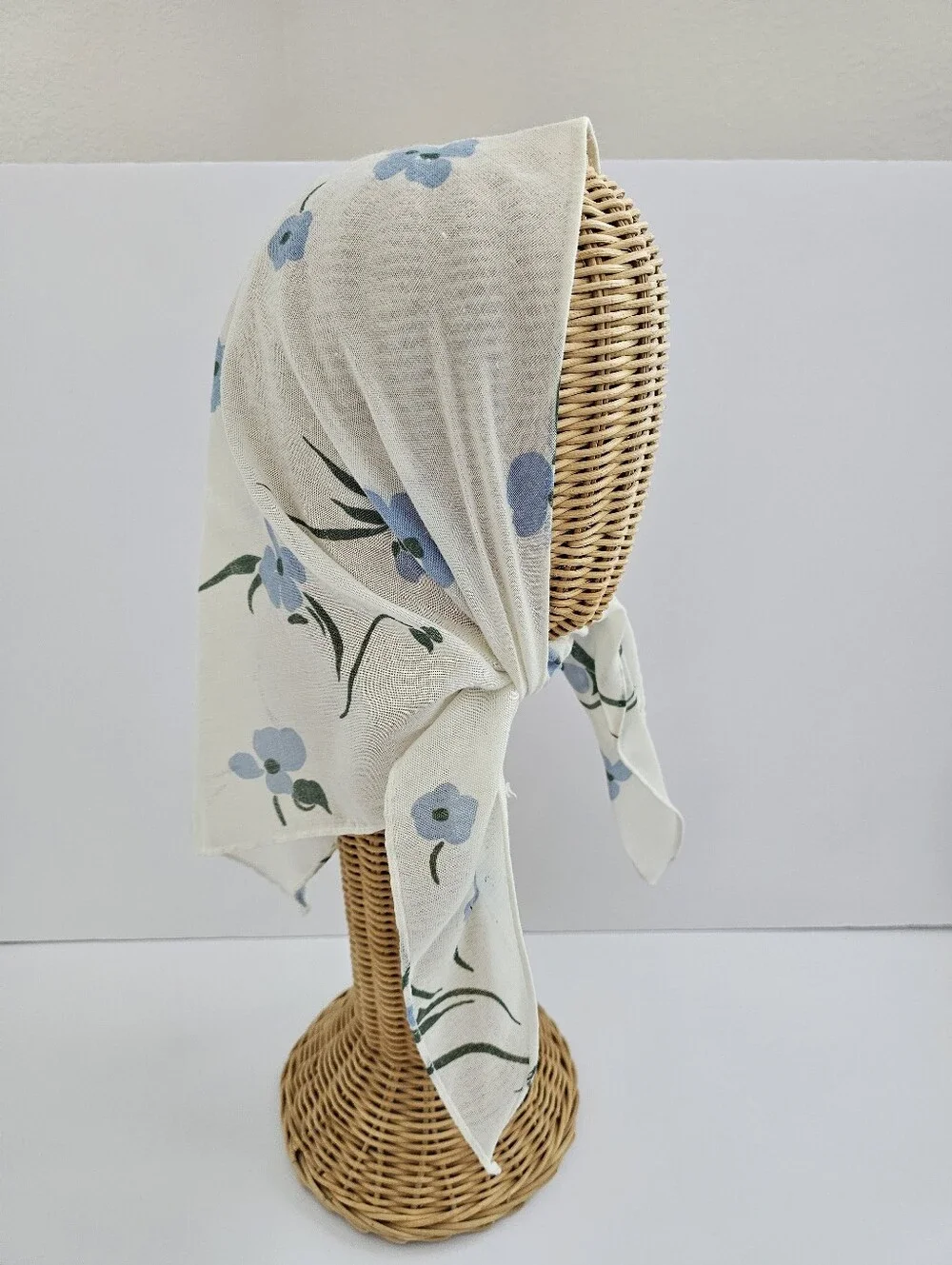 Vintage Cottagecore Blue Floral Head Scarf – Cream Sheer Gauze Hair Kerchief